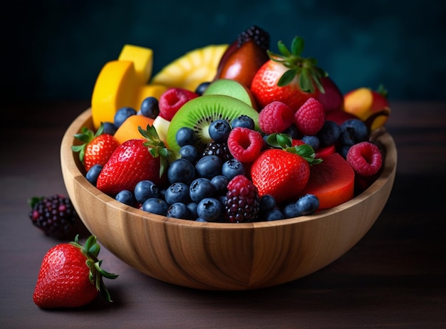 Schüssel mit gesundem frischem Obstsalat auf Holzhintergrund