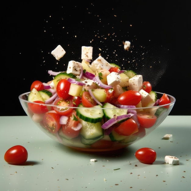 Schüssel mit griechischem Salat auf dem Tisch und schwebender Salat in der Luft mit Studiohintergrund