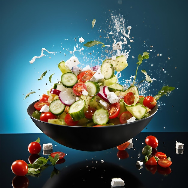 Schüssel mit griechischem Salat, frischen Tomaten, Gurken, Käse, Zwiebeln, die in der Luft schweben