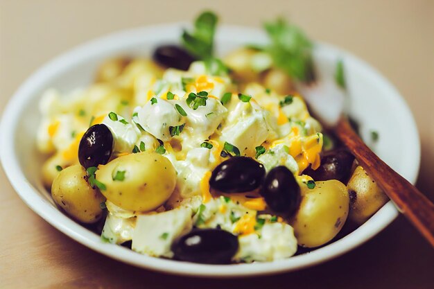 Schüssel mit herzhaftem Kartoffelsalat mit Eieroliven und Mayonnaise