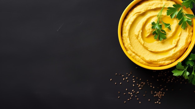 Foto schüssel mit hummus mit grün auf einem einfachen hintergrund mit kopierraum