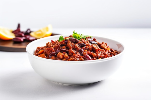 Schüssel mit leckerem Chili con carne auf weißem Hintergrund