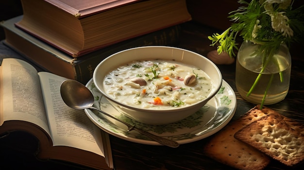 Schüssel mit Muschelsuppe neben Buch und Löffel