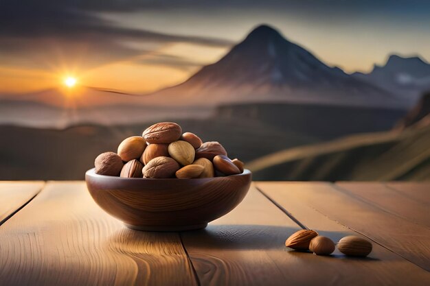 Foto schüssel mit nüssen auf einem tisch mit einem sonnenuntergang im hintergrund