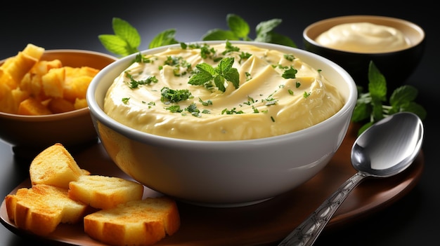 Schüssel mit schmackhafter Kartoffelcreme-Suppe auf einem weißen Holztisch in Nahaufnahme