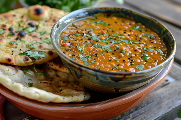 Schüssel mit Suppe und Pita-Brot