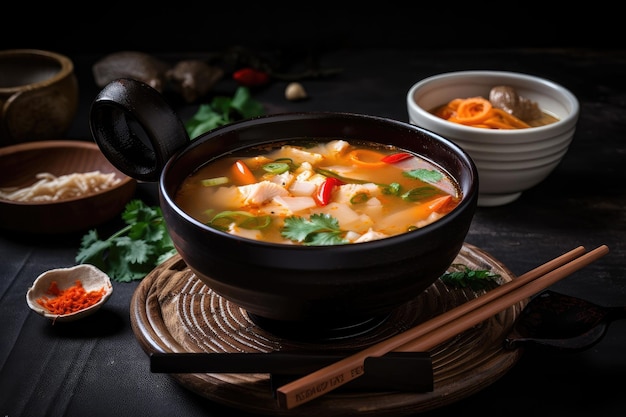 Schüssel mit Tom-Yam-Suppe mit Löffel und Essstäbchen an der Seite, erstellt mit generativer KI