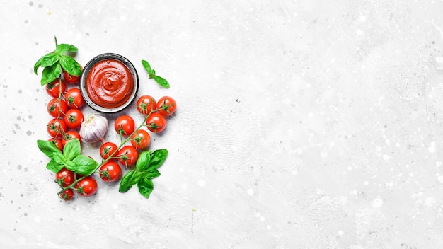 Schüssel mit Tomatenmark und Zutaten zum Kochen, auf grauem Steinhintergrund. Ketchup. Ansicht von oben. Freier Platz für Text.