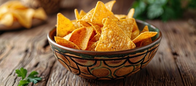 Schüssel mit Tortilla-Chips auf einem Holztisch