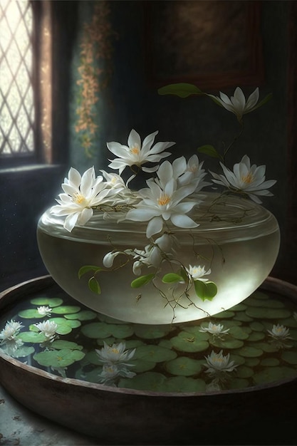 Schüssel mit Wasser, in der weiße Blumen schwimmen, generative KI