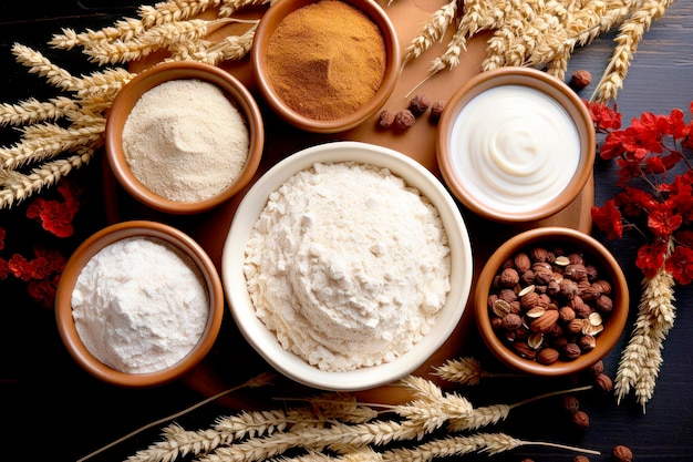 Schüssel mit Weizenmehl und Weizenkorn Zutaten zum Backen und Werkzeuge Brot und Mehl auf dem Tisch