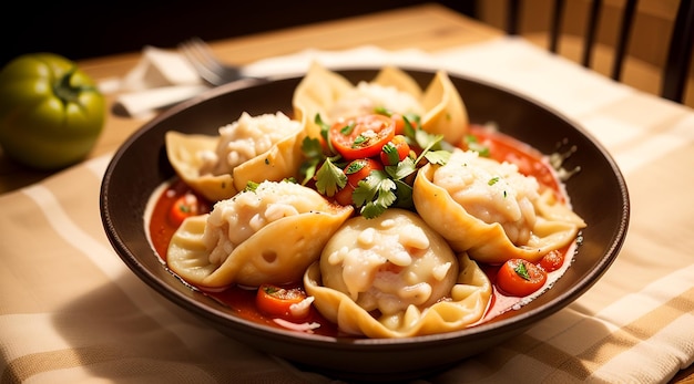 Schüssel mit würzigen Pierogies mit Tomatensauce