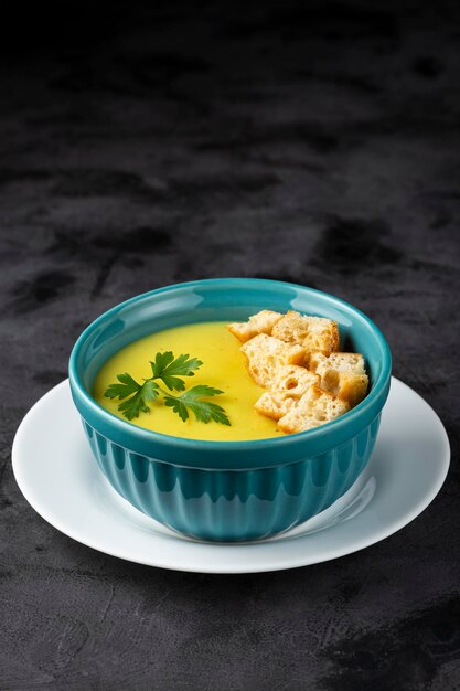 Schüssel mit Zwiebelsuppe und Croutons auf dem Tisch.