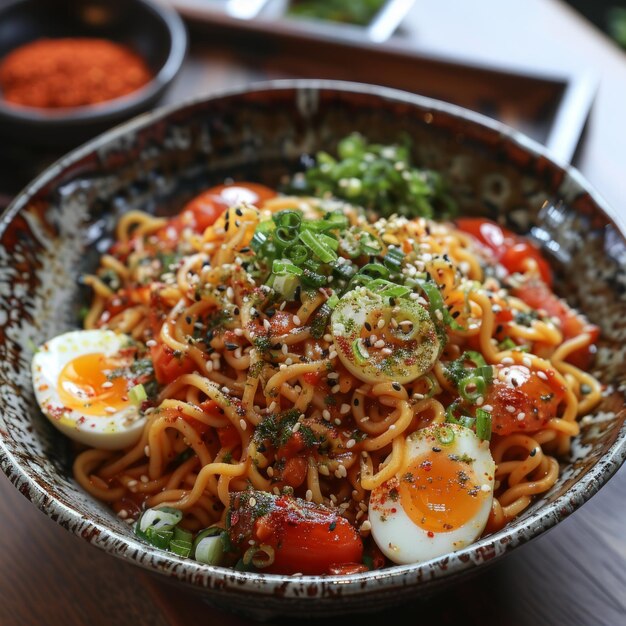 Schüssel Nudeln mit Tomaten und Eiern