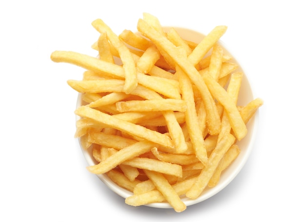 Schüssel Pommes Frites auf Weiß