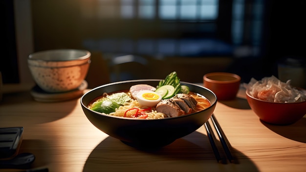 Schüssel Ramen mit Rindfleisch, Nudeln, Eiern und asiatischem Gemüse, japanisches Essen