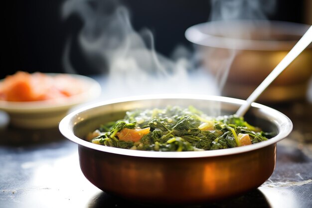 Schüssel Saag Aloo mit aufsteigendem Dampflöffel an der Seite