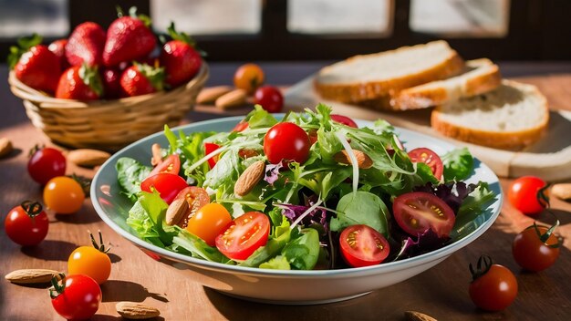 Schüssel Salat mit Kräutern, Tomaten und Mandeln auf dem Tisch mit Erdbeeren und Brotscheiben