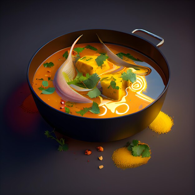 Schüssel Suppe mit Gemüse und Gewürzen 3D-Illustration