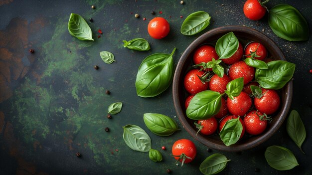 Schüssel voller Tomaten und Basilikumblätter