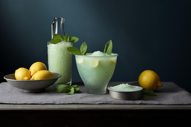 Schüsseln Gelato mit Minzblättern neben einem Limonadenkrug auf einer Decke