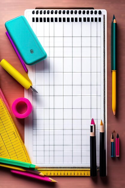 Schulaccessoires auf einem Gitter-Hintergrund Zurück zur Schule flach legen