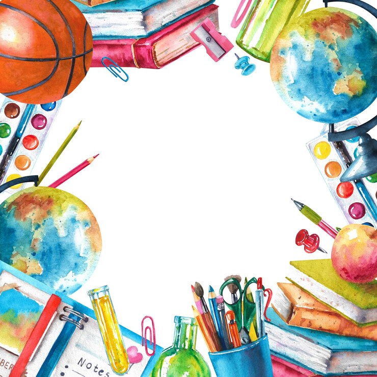 Foto schulblatt, chemisches tagebuch, flasche, papierklemmen, knöpfe, basketball, aquarellillustration