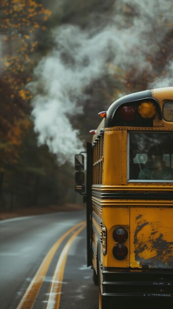 Schulbus auf der Nebelstraße im Herbstmorgen