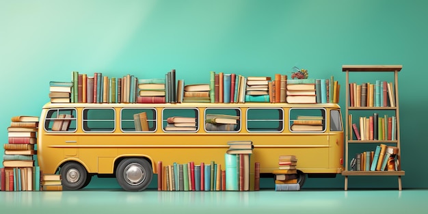 Schulbus mit Büchern auf weichem türkisfarbenem Hintergrund