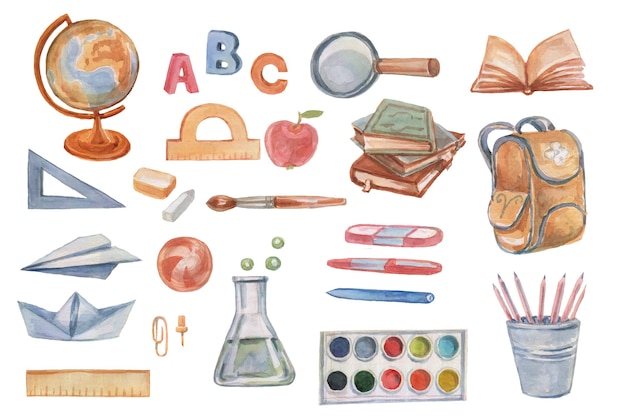 Schule Schulbedarf Set Clipart Aquarell von Hand