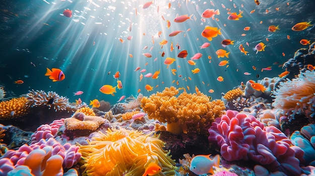 Schulen von Farben schwimmen, indem sie die Bewegung des Lebens im Riff beobachten