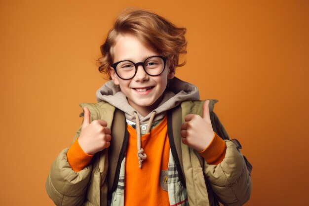 Schuljunge mit Brille mit Rucksack ist bereit, in die Schule zu gehen Gesten thump up generative KI