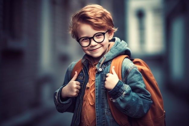 Schuljunge mit Brille mit Rucksack ist bereit, zur Schule zu gehen für Bildung generative KI