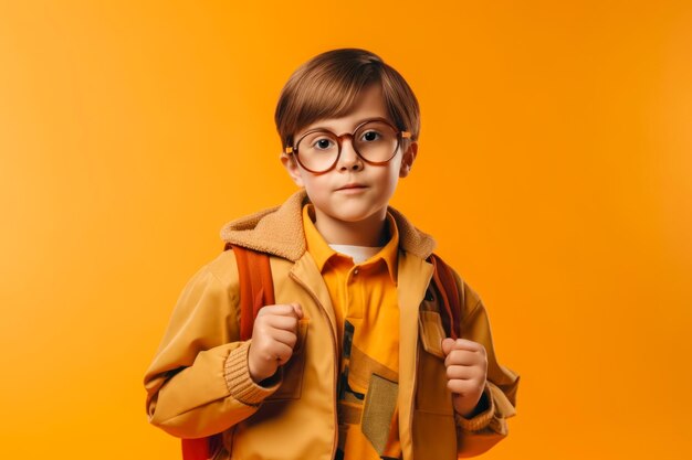 Schuljunge mit Brille und Rucksack ist bereit, zur Schule zu gehen für Bildung generative KI