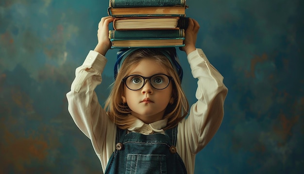 Schulkind mit Brille hält Bücher auf dem Kopf