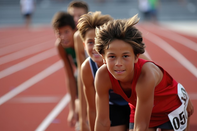 Foto schulkinder, die bei einem sportwettbewerb in einer grundschule auf einer rennstrecke rennen