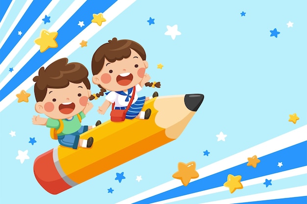 Schulkinder fahren auf einer Bleistiftrakete