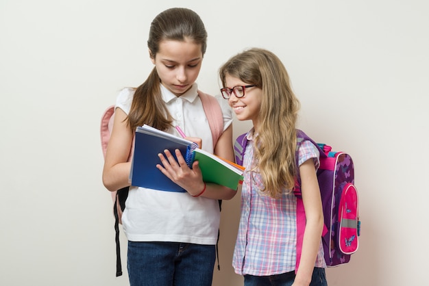 Schulkinder Freundinnen. Das ältere Mädchen zeigt das jüngere Notizbuch.