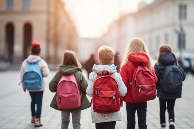 Schulkinder unterwegs Gruppe von Schülern mit Schultaschen Generative KI