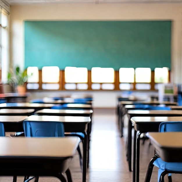 Schulklassenraum mit verschwommenem Hintergrund ohne jungen Schüler Verschwommener Blick auf den Grundschulklassenzug