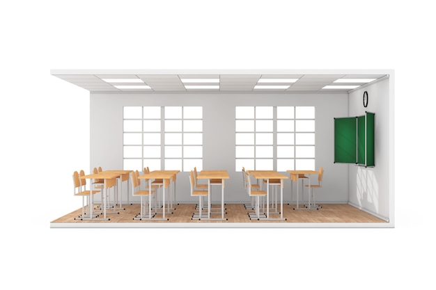 Schulklassenzimmer-Interieur mit großem Fenster, Schulbänken, Stühlen, Tafel und Holzparkett auf weißem Hintergrund. 3D-Rendering