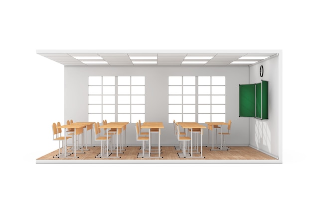 Schulklassenzimmer-interieur mit großem fenster, schulbänken, stühlen, tafel und holzparkett auf weißem hintergrund. 3d-rendering