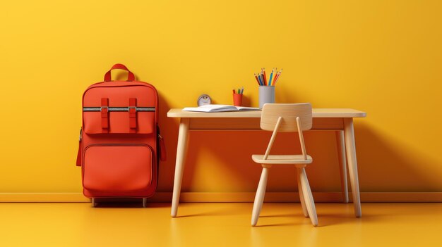 SchulklassenzimmerZurück zur Schule Neue Schultasche auf dem Schreibtisch eines Schülers im Klassenzimmer