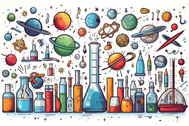 Schullehre und naturwissenschaftliche Elemente, Schetsen, Umrisse, Illustrationen auf weißem Hintergrund