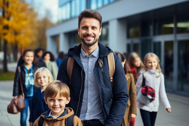 Schullehrer und Kinder im Schulkorridor