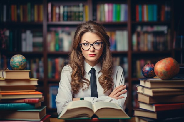 Foto schullehrerin auf dem hintergrund von büchern frau lehrerin im klassenzimmer