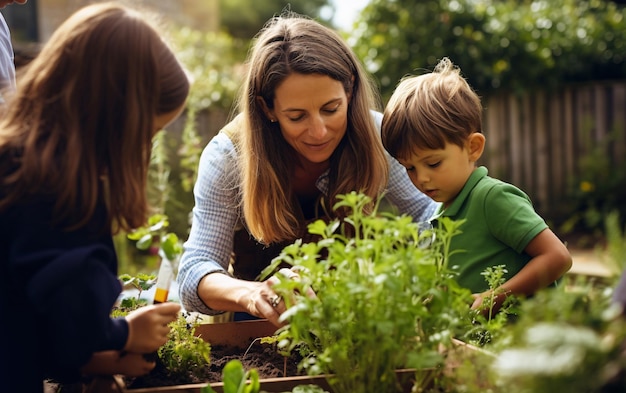 Schullehrerin mit Kindern, Schüler im Schulgarten kümmern sich gemeinsam um Pflanzen, zurück zur Schule