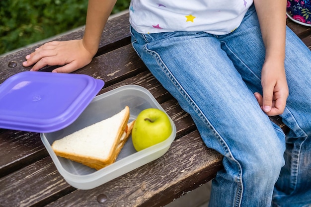 Schulmädchen isst Mittagssandwich und Apfel im Park