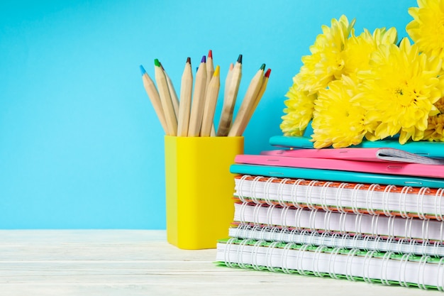 Schulmaterial und Chrysanthemen auf Blau