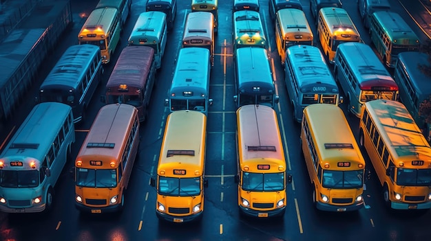 Schulparkplatz mit allen Schulbussen, die auf dem Weg zurück zum Schultag in Mexiko fahren